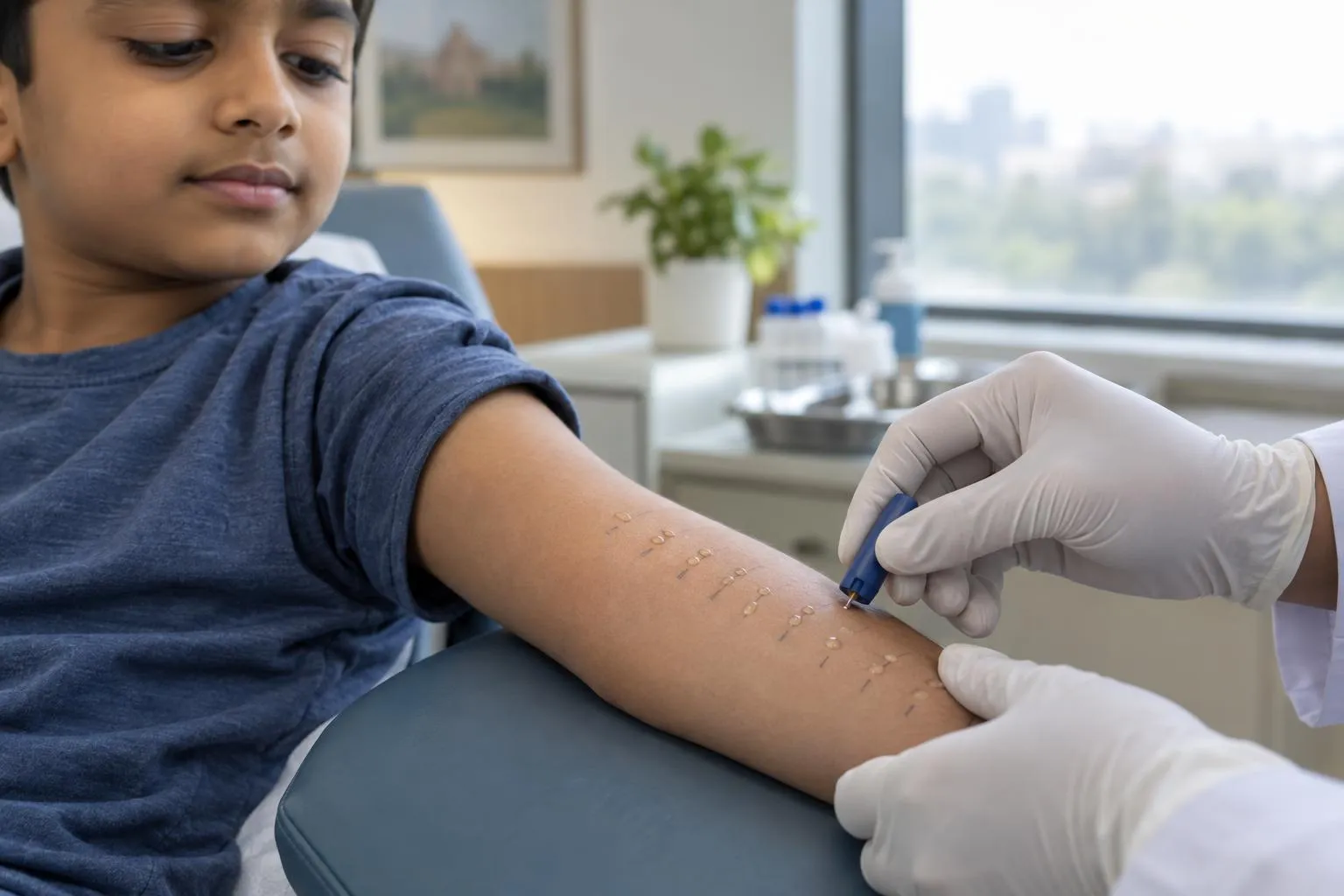 Illustrative photo: a skin prick allergy test on a child’s forearm