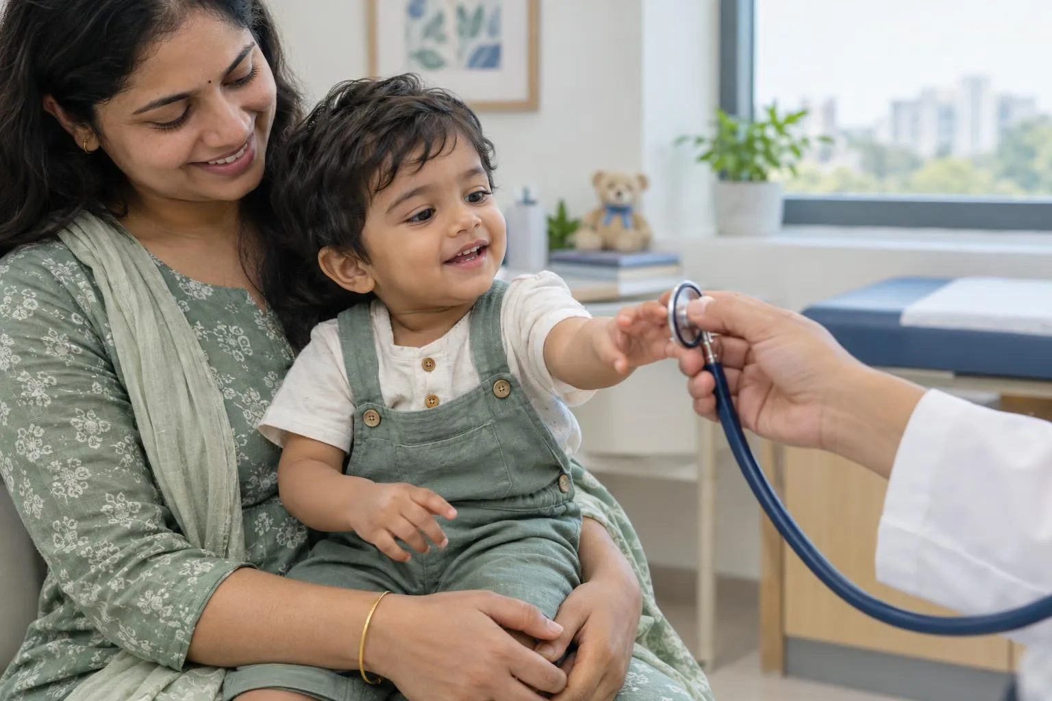 Illustrative photo: a smiling toddler on his mother’s lap reaches for a doctor’s stethoscope