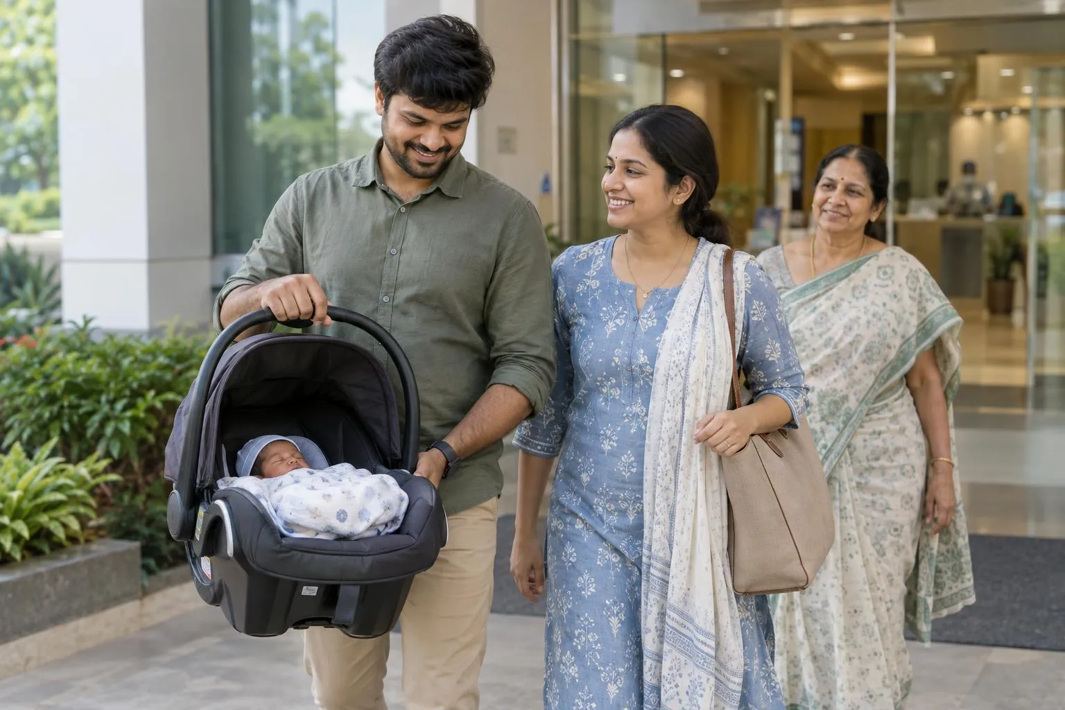 Illustrative photo: a family leaving the hospital with their newborn