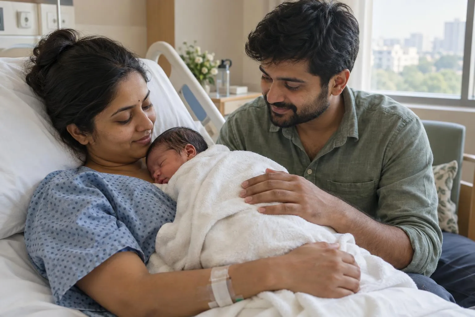 Illustrative photo: a mother in a hospital bed holds her newborn as her husband looks on