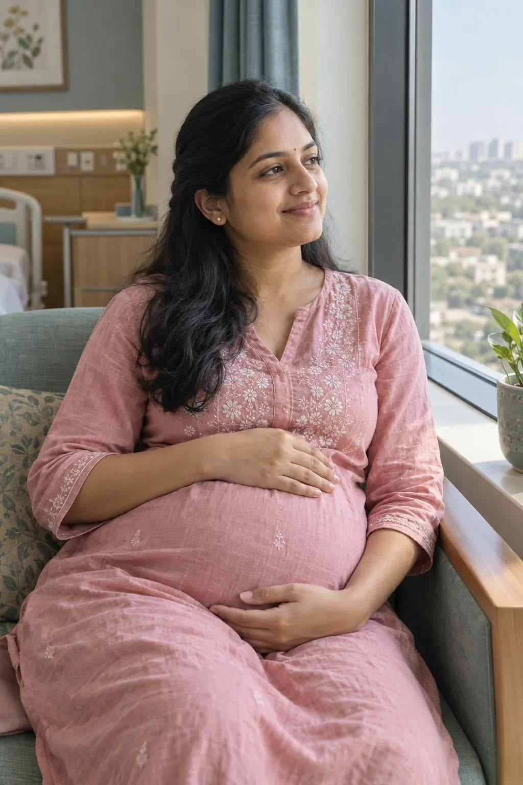 Illustrative photo: a pregnant woman resting by a sunlit window
