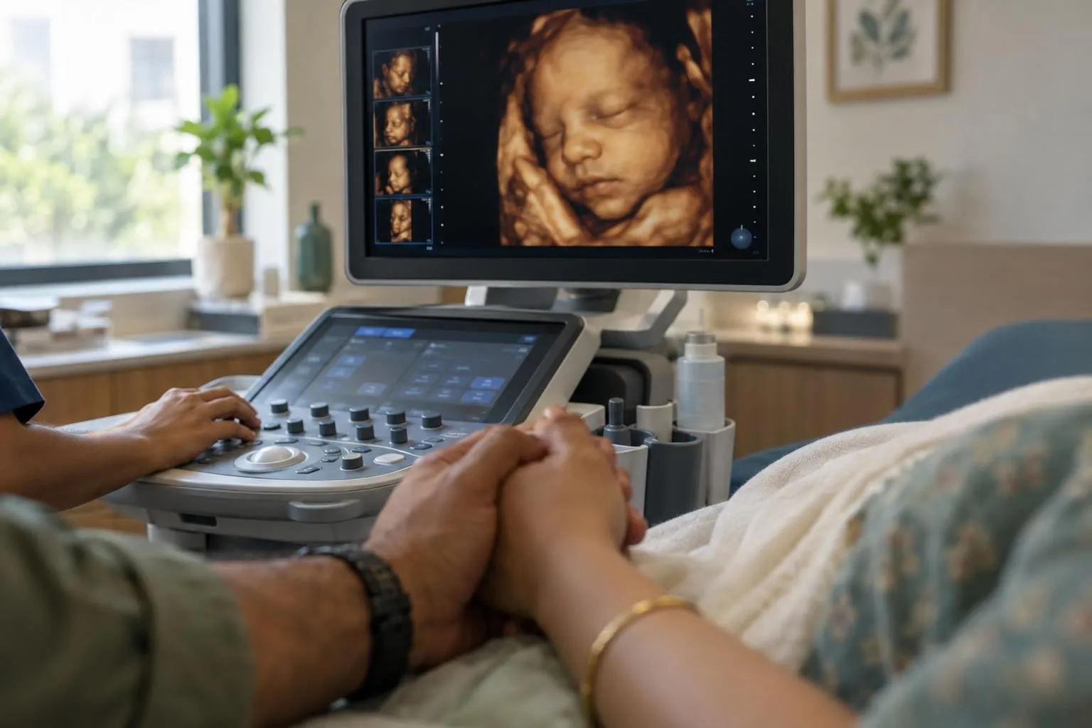 Illustrative photo: a 3D/4D ultrasound image of an unborn baby on the monitor while the parents hold hands