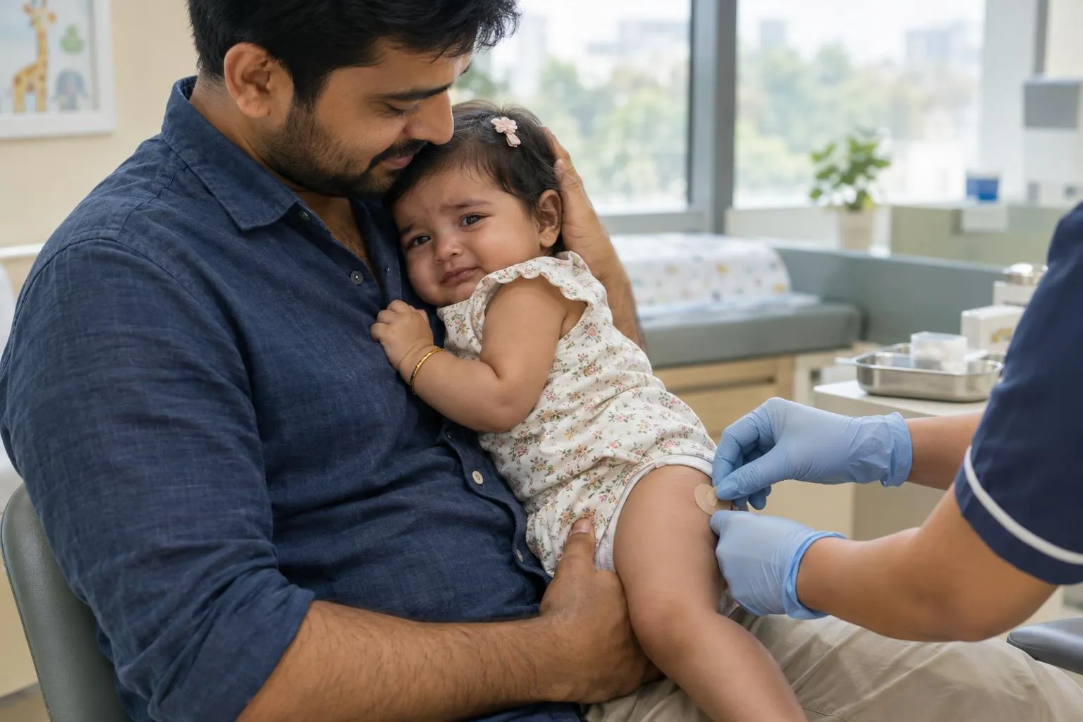 Illustrative photo: a father comforts his baby daughter after a vaccination